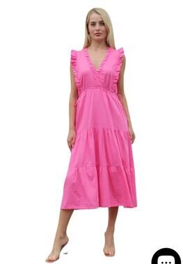 Stark X Pink Ruffle Maxi Dress Sleeveless Cotton V Neck Boho Size XS Flirty Chic